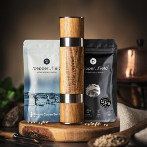 Dvojitý mlýnek DUOMILL + mořská hrubozrnná sůl (120g) a Kampotský pepř dle vlastního výběru (50g) ⚫ Černý Kampotský pepř 50g